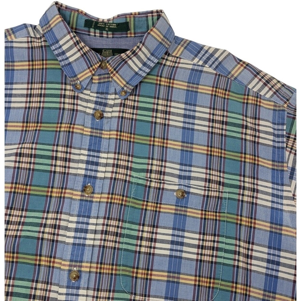 Orvis Plaid Short Sleeve Button Down Shirt Men's XL Blue Green Cotton